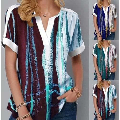 2021 Summer Women Lady V-neck Short Sleeve Shirt Loose Print Fashion Casual Top Women Clothes