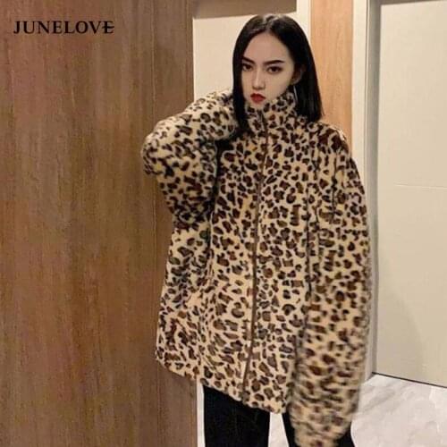 JuneLove Women Winter Leopard Jackets Coats Vintage Loose Female Animal Print Coats Casual Faux Fur Lady Warm Jackets Outwears