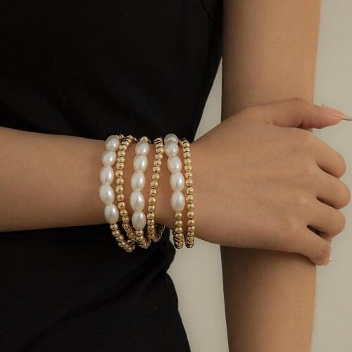 2021 New Fashion Imitation Pearl Bracelet Set For Women Gold Silver Color CCB Beads Chain Bangle Bracelet On Hand Charm Jewelry