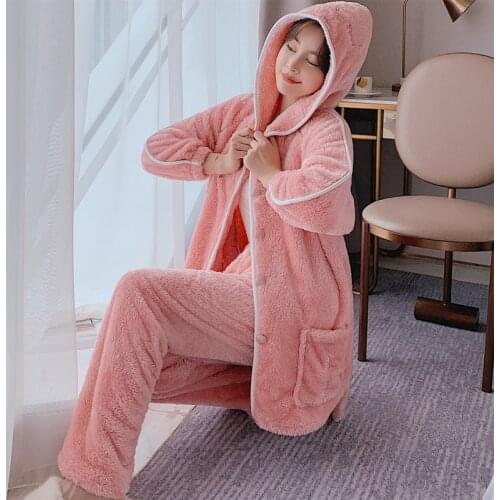 Ladies pajamas set autumn winter luxury embroidery thickening plus flannel bathrobe hooded home service large size sleepwear