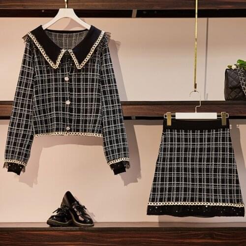High Quality 2020 Autumn Winter Korean Vintage Plaid 2 Piece Set Women Knitted Sweater Cardigan + Mini Skirt Two Piece Outfits