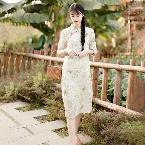New Style Womens Literary Retro Ethnic Style Pure Ramie A-Line Loose Dress Improved Cheongsam Dress 13059