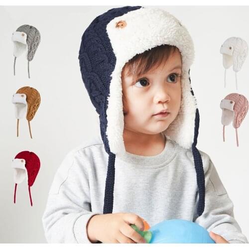 Winter Baby Bomber Hat Cotton Knit Kids Beanie Caps for Boys and Girls with Fleece Lining for Children