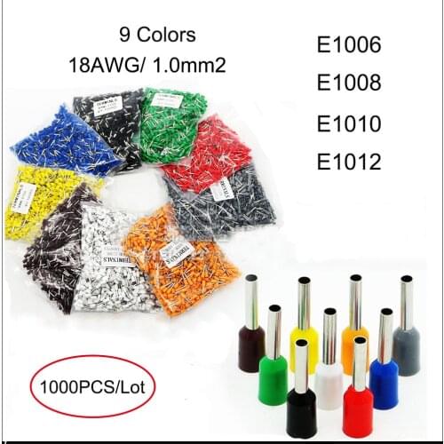 1000PCS Terminal E1006 E1008 E1010 E1012 18AWG cable size 1.0mm2 Insulated cord end terminal wire cable plug connector 9 colors