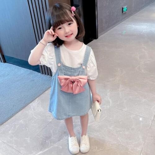 2021 Summer Children Clothing Girls Clothes Set White Puff Sleeve Shirt+Pink Bow Denim Strap Skirt Two Piece Kids Sets For 1-7Y