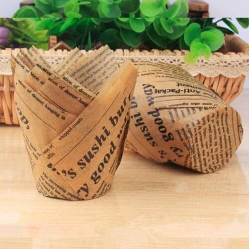 50pcs Newspaper Style Cupcake Liner Baking Cup For Wedding Party Caissettes Tulip Muffin Cupcake Paper Cup Oilproof Cake Wrapper