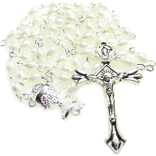 Free shipping 5pcs/set mini white 6*4mm glass oval pearl bead rosary catholic rosario cute pearl rosary necklace chalice center
