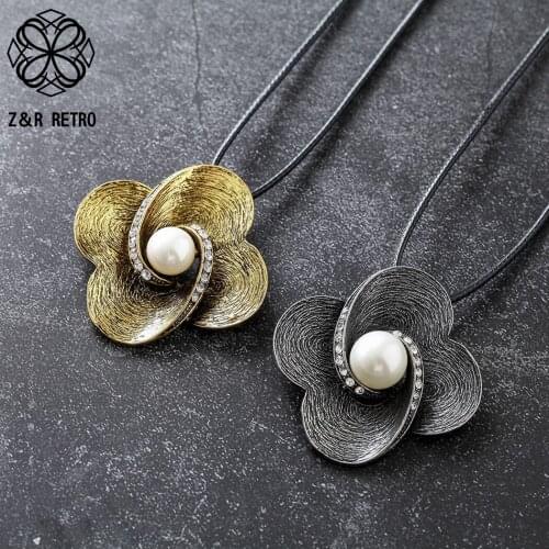 Gold Grey Color Flower Long Necklace for Women Vintage Jewelry Pendant Beads Suspension Rope Chains Choker Wholesale Accessories