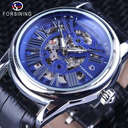 Forsining Classic Royal Blue Fashion Dial Design Black Leather Roman Number Transparent Mens Mechanical Watches Top Brand Luxury