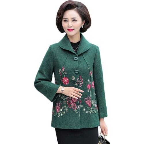 Middle-Aged Elderly Mothers Spring Autumn Jackets New Ladies Short Wool Coat Single-Breasted Embroidered Womens Woolen Coat