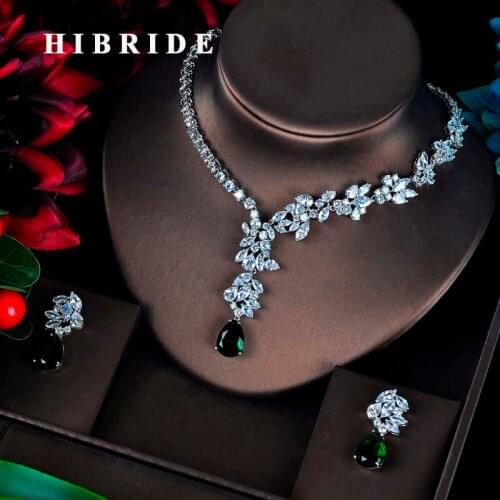 HIBRIDE Fashion Green CZ Jewelry Sets For Women Flower Design Necklace Earrings Bijoux Set Party Wedding Gift Wholesale N-595