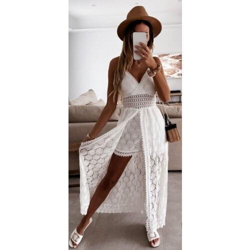 Macaquinho feminino,Sexy spaghetti strap backless sleeveless v neck hollow white lace romper,one piece outfit,combi short femme