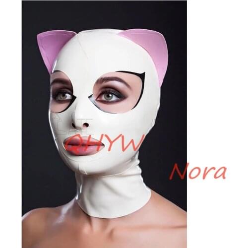 Handmade Natural Latex Mask White Rubber Hood Cat Ear Cosplay Fetish with Back Zipper Club Wear Halloween Costume for Women
