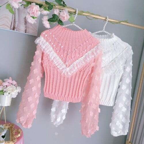 Kawaii Girl Pink Sweater Fairy Heavy Industry Nail Drill Pendant Flower Chiffon Lantern Sleeve Stitching Sweater Blouse