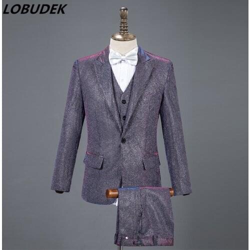 Formal Mens Suit Bright Silk Blazers Vest Pants 3 Piece Sets Male Host Catwalk Performance Clothing Nightclub Bar Stage Costume