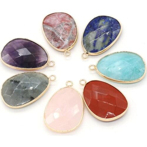 Natural Lapis Lazuli Amethyst Rose Quartz Speckled Stone Pendants Faceted Single Hole Charms for Jewelry Making Necklace 23x34mm