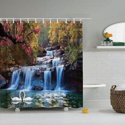 Nature Landscape Shower Curtian 3D Waterfall Scenery With Swan in the Water Design Bathroom Polyester Curtain Included Hooks