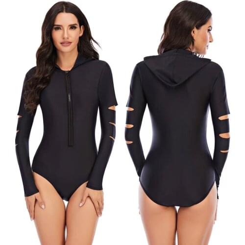 Women Black Color Surfing Rashguard With Hood Long Sleeve Swimwear Women Protection Surf Rash Guards One Pieces Surf Clothing