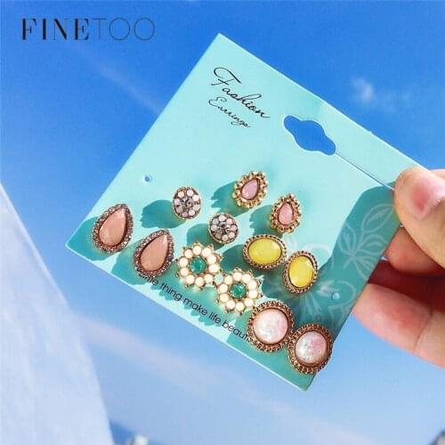 Fashion Flower Water Drop Round Geometric Stone Crystal Earrings Set 6 Pairs/Set Stud Earrings for Women Girls Pendientes