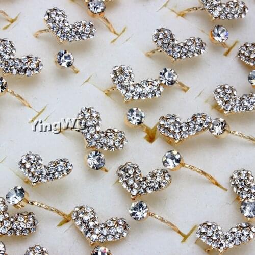 Yingwu 10pcs/lot New Fashion Womens Gold Heart Open Rings Rhinestone Elegant Bridal Engagement Wedding Ring