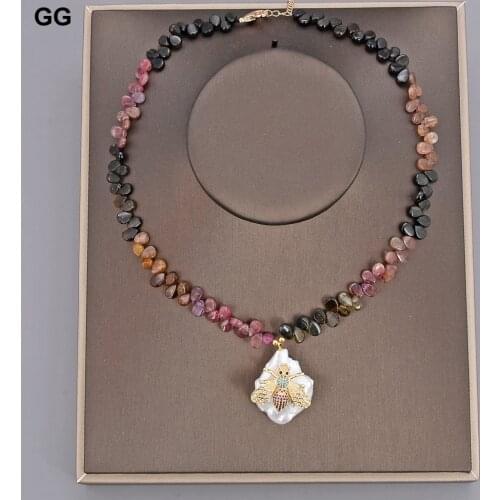 GuaiGuai Jewelry 18" Natural Faceted Teardrop Colorful Tourmaline Necklace Pearl CZ Pave Insect Pendant