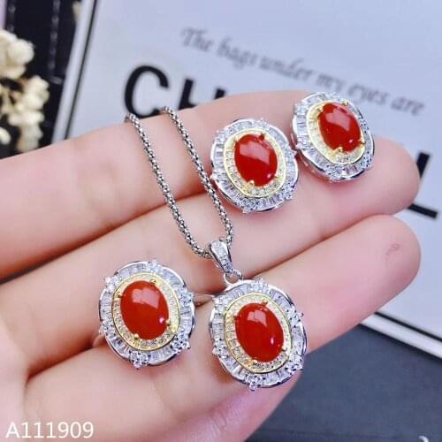 KJJEAXCMY boutique jewelry 925 sterling silver inlaid Natural Red Coral Necklace Ring Earring Suit Support Detection beautiful