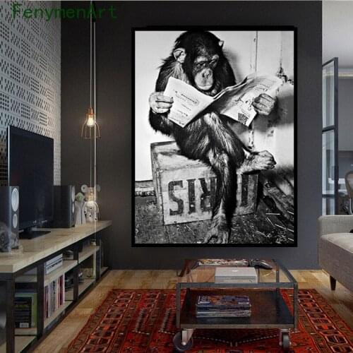Funny Monkey Business Canvas Painting Reading Newspaper Poster and Print Black White Art Picture Washroom Restroom Decor