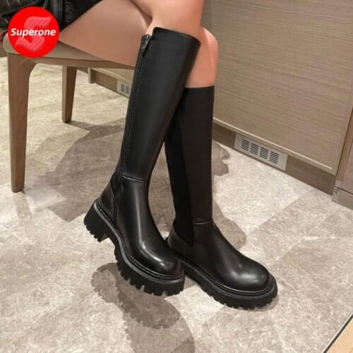 Superone New Women Knee High Boots Real Leather Thick Bottom Winter Shoes Ladies Fashion Long Boots Woman Footwear Size 34-40