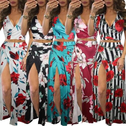 Summer Women Print High Waist Skirt Two-Piece Set Sexy Deep V Neck Bandage Crop Top & High Side Split Suit Womens Clothing 2021