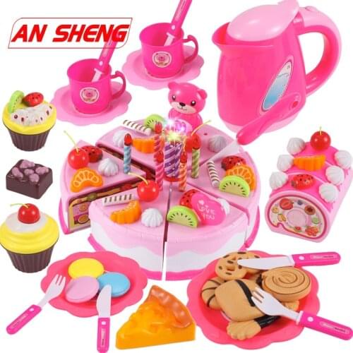 37-80PCS DIY Cake Toy Kitchen Food Pretend Play Cutting Fruit Birthday Toys Cocina De Juguete Pink Blue For Kid Educational Gift