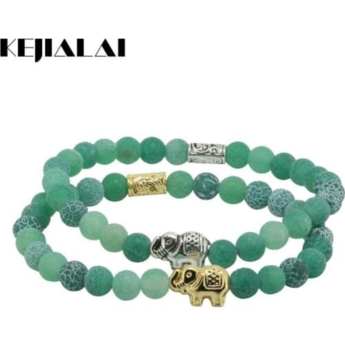 KEJIALAI Trendy Women Bracelet Fashion Charm Jewelry Natural Stone Green Crystal Beads Bracelet Tibetan Silver Elephant Bracelet