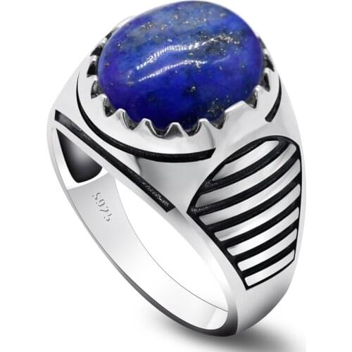 Pure 925 Sterling Silver Men Ring with Natural Lapis Lazuli Stone Oval Gem Rings Vintage Strip Turkish Handmade Jewelry Gift