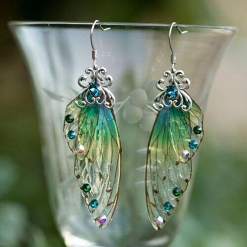 Cicada Fairy Tale Wings Earring for Women Handmade Drop Dangle Earring Colorful Green Wings Earrings Rhinestone Gradient Jewelry
