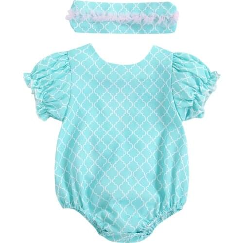 Baby Clothes Girls Romper Two-piece Clothes Set Blue Round Collar Short Sleeve Backless Romper And Headdress Childrens Clothing