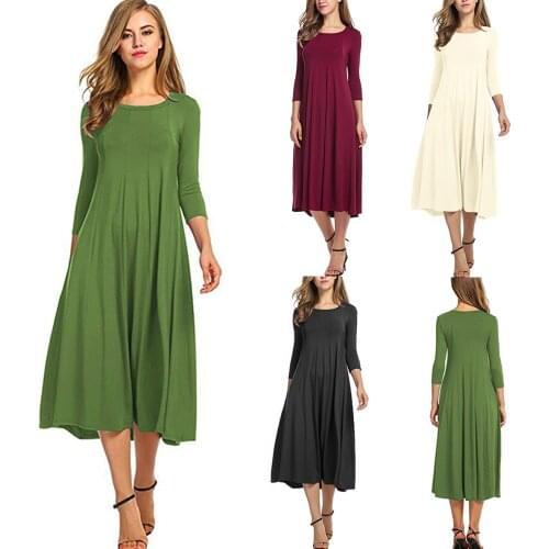Spring Summer Loose Casual Dress 3/4 Sleeve Solid Black Comfy Fashion Slim Crew Neck Swing Flowy Office Ladies Midi Long Dress