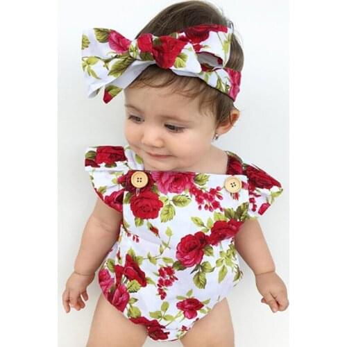 Toddler Kids One Pieces Outfits Rompers Newborn Baby Girls Summer Floral Printed Clothes Romper+Bowknot Headband