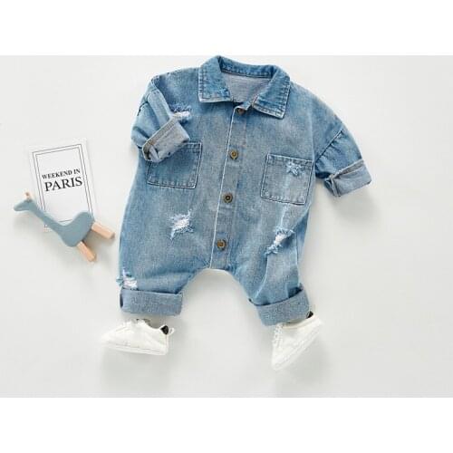Newborn Boys Girls Cowboy Broken Hole Jumpsuits Clothes Baby Boys Girls Long Sleeve Overalls Children Rompers