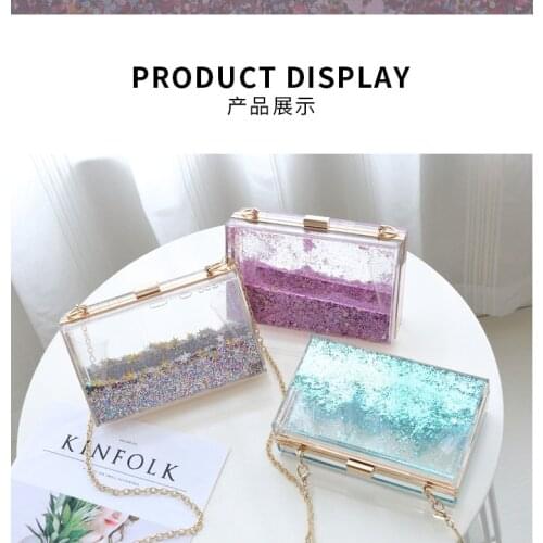 Square acrylic bag double-sided liquid flow sand banquet dinner bags ladies handbag shoulder bag square handbag