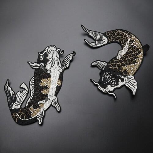 Black Carp Fashion Fish Embroidered Patches for Clothing Applique Sew on Patches for Jacket DIY Accessories