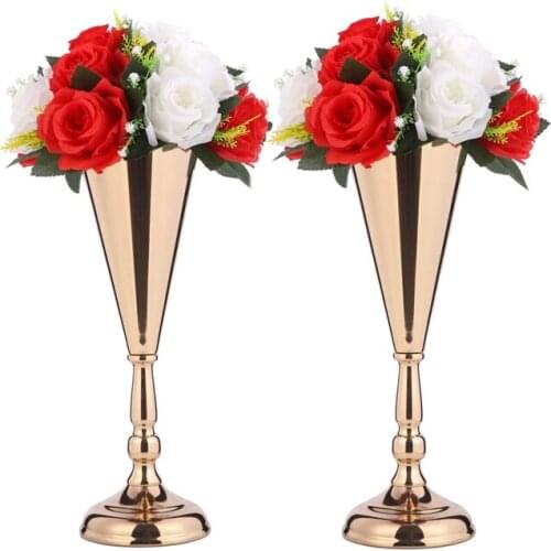 Tabletop Metal Wedding Flower Trumpet VaseGold/Silver Flower Vase Wedding Centerpiece Lead Road Candlestick for Wedding Event