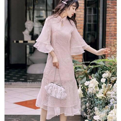 Young Elegant Cheongsam Women 2021 Summer Ladies Hollow Sexy Half high Neck Beaded Fashion Trumpet Sleeve Sweet Pink Qipao Dress