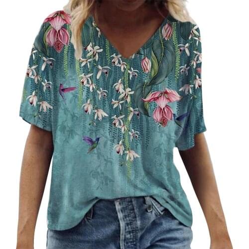 Plus Size T-shirts Womens Fashion Casual Plus Size Scenic Flowers Printing Round Neck T-shirt Tops Mujer Camisetas Футболка #L