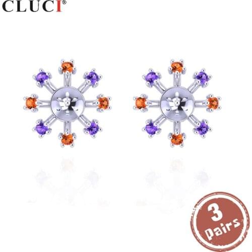 CLUCI 3 pair wholesale 925 Sterling Silver Stud Earrings Zircon Earring for Women Pearl Mounting Silver 925 Earring SE075SB