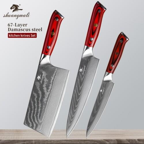 Shuangmali 3PCS Kitchen Cooking Chef Knife Set VG10 Damascus Steel Utility Chef Knives Set Fruit Paring Chinese Cleaver Knife