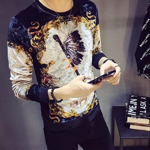 Vintage Shirts Printing Homme Club Outfit Long Sleeve O Neck Velvet 2020 Autumn Luxury Men T Shirt
