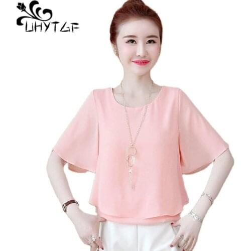 UHYTGF Women Summer Chiffon Blouses Solid Fake Two-Piece O Neck Pullover Casual Female Shirt Loose4XL Plus Size Tops Blusas 2168