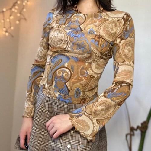 Womens Round Neck Tops Fashion Vintage Flower Print Long Sleeve Lettuce Trim Slim Fit T-Shirts Autmn Basic Tops