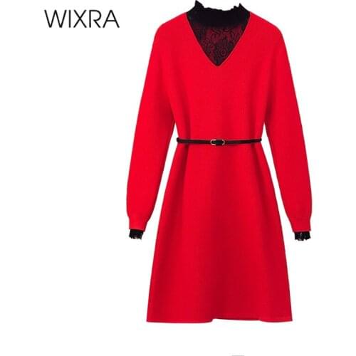 Wixra Knitted Dresses Womens Autumn Spring Patchwork Lace High Street Solid Short Clothing Plus Size For Lady
