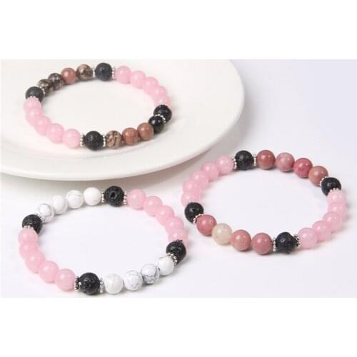 Women Bracelet Rose Pink Crystal Quartzs Lava Spacer Natural Stone Bracelets For Women Men Cute Jewelry Elastic Cord Pulserase