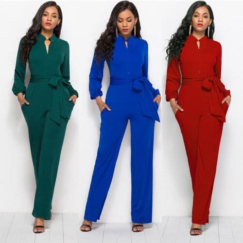 Women Wide-leg Jumpsuit With Pocket Elegant Long Sleeve Waist Belt Button Party Romper 2020 Autumn Ladies Jumpsuit Plus Size 3XL